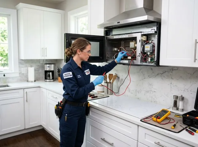 Appliance Repair Hero technician testing an over-the-range microwave in a Alpine, WY kitchen